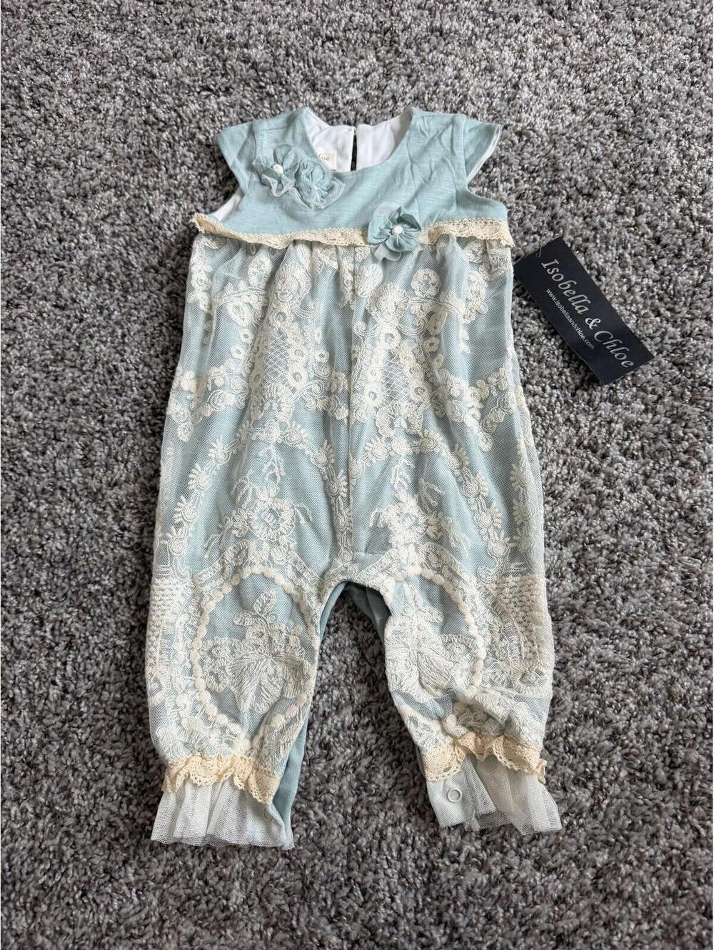 Isobella & Chloe NWT One Piece Floral Lace Cream/Mint Green Romper Size 6M